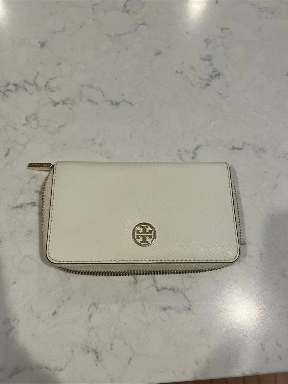 Tory Burch Off-White Leather Zip Wallet with Gold Logo
